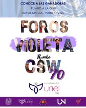 CSW70: ganadoras rumbo a la ONU 2026 Cartel que anuncia a las ganadoras rumbo a la ONU 2026, con el título ‘Foros Violeta Rumbo CSW70’ y logo de la Fundación Uriel