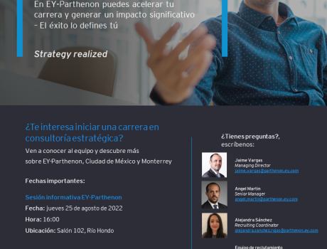 Career Services del ITAM invita a la sesión de reclutamiento presencial y aplicación de examen de EY Parthenon