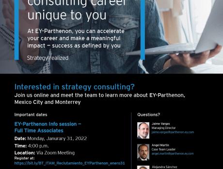 Póster Career Services del ITAM invita a la sesión de reclutamiento remota de EY Parthenon