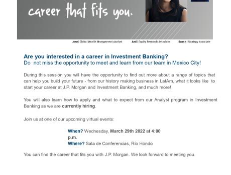 Poster: Career Services del ITAM invita a la sesión de reclutamiento presencial de J.P. Morgan