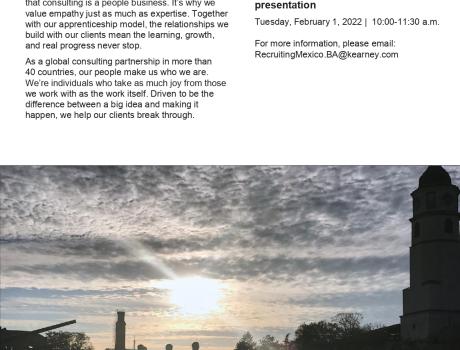 Póster Career Services del ITAM invita a la sesión de reclutamiento remota de Kearney