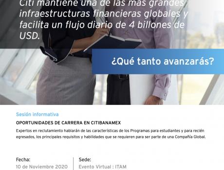 Póster Career Services del ITAM invita a la sesión de reclutamiento remota de Citibanamex