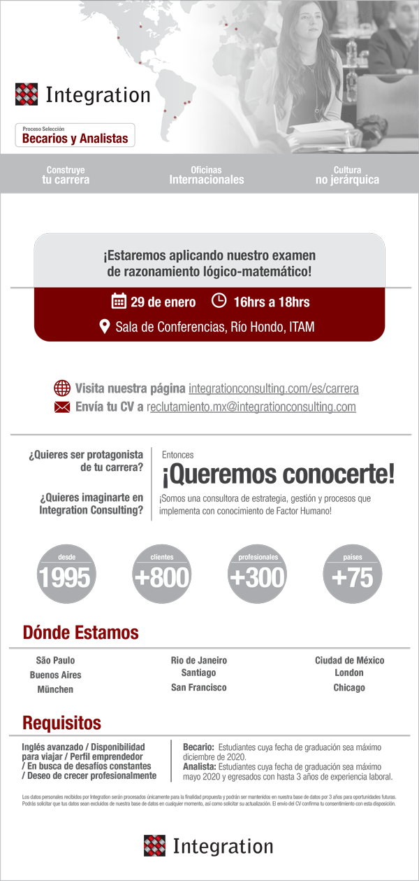  Bolsa de Trabajo invita a la presentación y aplicación de examen de Integration Consulting